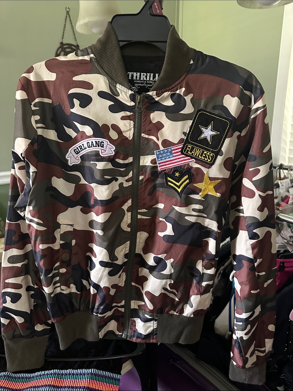 Thrill Girls' Camo Bomber Jacket with Patches - Brown, Green, Black, White
